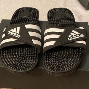 Adidas Black and White Striped Slides